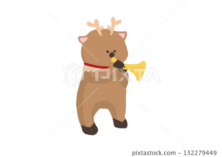 Reindeer brass band, cute Christmas illustration of reindeer playing trumpets (winter, music) 132279449