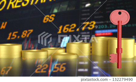 The Red Key and gold coins for Business concept 3d Rendering. 132279490