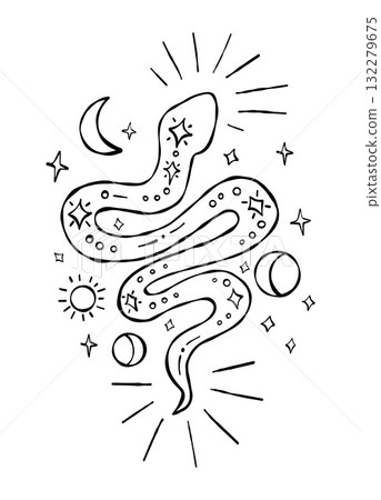Mystical Astrology Snake with Moon, Sun and Stars. Outline Textured Hand Drawing Doodle. Vector Illustration. Not AI Mystical Astrology Snake with Moon, Sun and Stars. Outline Textured Hand Drawing Doodle. Vector Illustration. Not AI 132279675