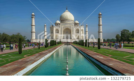 Taj Mahal's Reflective Pool and Towering Minarets Under a Clear 132279725