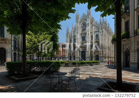 Milan Cathedral's Gothic Grandeur Framed by Lush Greenery on a S Milan Cathedral's Gothic Grandeur Framed by Lush Greenery on a S 132279752