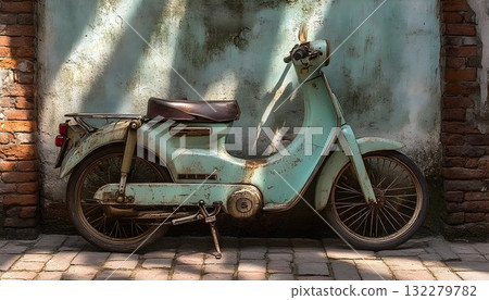 Rustic vintage scooter against weathered brick wall Rustic vintage scooter against weathered brick wall 132279782