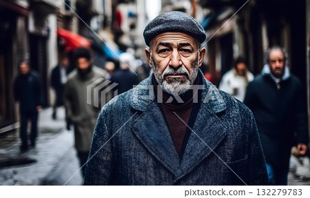 Thoughtful Elderly Man in a City Street 132279783