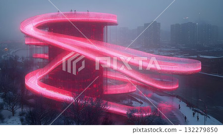 Illuminated Spiral Pathway Towering Over Snowy Cityscape 132279850