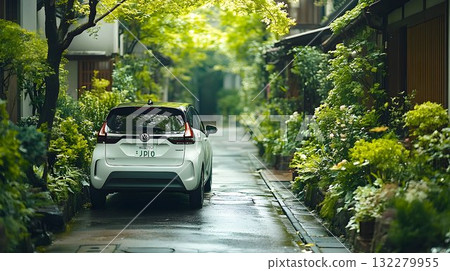 White Car on Wet Cobblestone Street Surrounded by Lush Greenery White Car on Wet Cobblestone Street Surrounded by Lush Greenery 132279955