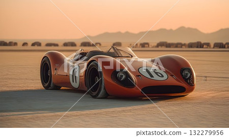 Classic Orange Race Car on a Desert Plain at Sunset, Number Sixt Classic Orange Race Car on a Desert Plain at Sunset, Number Sixt 132279956