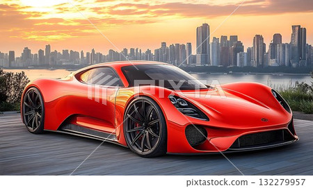 Sleek Red Supercar Against a Cityscape at Sunset, Reflecting on 132279957