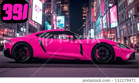 Hot Pink Sports Car Gleaming Under Neon City Lights at Night 132279971