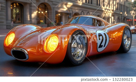 Gleaming Orange Vintage Race Car with Number Twenty-One on City 132280023