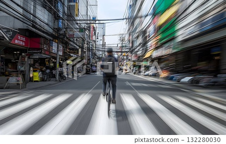 Cyclist speeding through a bustling urban street with dense over 132280030
