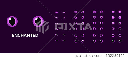 Set of purple enchanted glowing eyes dark background fantasy magic cartoon animal reptile feline mammal monster 132280121