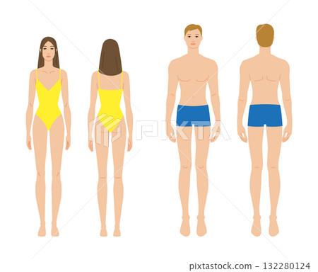 Male and female body template front and back view, Medium beige skin tone diversity man, woman. Flat vector anatomy 132280124