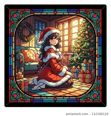 聖誕節時穿著聖誕老人服裝的女孩的彩色玻璃 聖誕節時穿著聖誕老人服裝的女孩的彩色玻璃 132280128