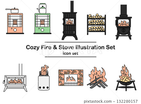 圖庫插圖: 可愛的圖標套壁爐和火爐 132280157