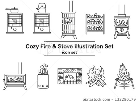 Stock Illustration: Fireplace and stove line icon set Stock Illustration: Fireplace and stove line icon set 132280179