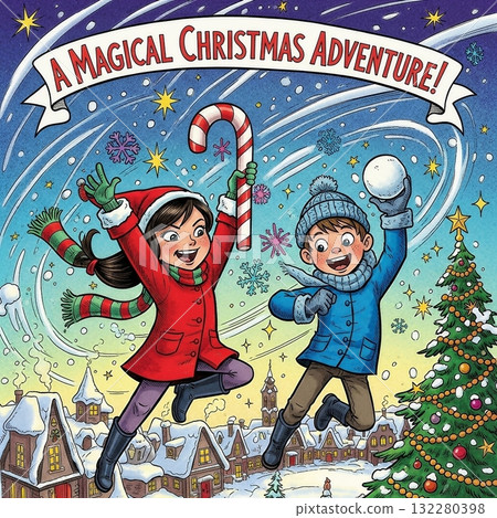 Girls in Santa costumes enjoying Christmas Girls in Santa costumes enjoying Christmas 132280398