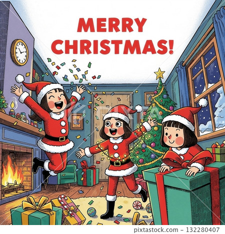 穿著聖誕老人服裝的女孩們享受聖誕節 穿著聖誕老人服裝的女孩們享受聖誕節 132280407