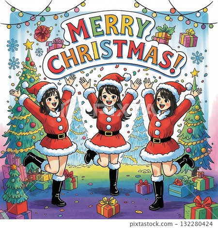 Girls in Santa costumes enjoying Christmas 132280424