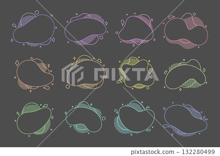 Liquid abstract linear shapes with decorative graphic elements outline blobs, stripe. Curve fluid forms with dots and diamonds in flat style, pastel color. Modern figures motifs, vary sizes patterns 132280499