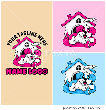 A modern professional dog care logo design. Cheerful dog house logo vector. Dog boarding logo template 132280545