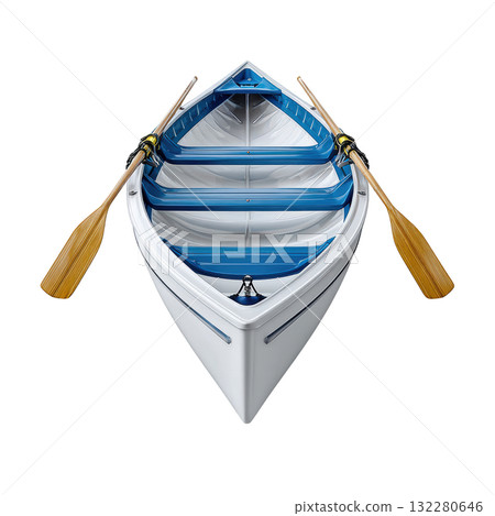 Top View of a Rowing Boat with Blue and White Interior and Two Wooden Oars Ready for Water Activity Top View of a Rowing Boat with Blue and White Interior and Two Wooden Oars Ready for Water Activity 132280646