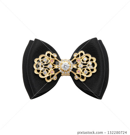 Elegant black hair bow accessory with gold jewelry ornament. luxurious and classic item for fancy hairstyle Elegant black hair bow accessory with gold jewelry ornament. luxurious and classic item for fancy hairstyle 132280724
