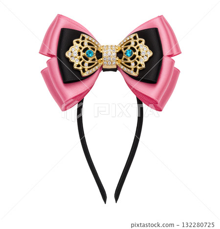 Elegant pink hair bow on black headband with luxurious gold ornament. Charming fashion accessory with blue jewelry Elegant pink hair bow on black headband with luxurious gold ornament. Charming fashion accessory with blue jewelry 132280725