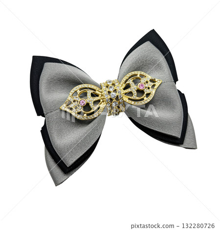 Elegant grey hair bow with gold jewelry ornament. beautiful and luxurious fashion accessory for classic style Elegant grey hair bow with gold jewelry ornament. beautiful and luxurious fashion accessory for classic style 132280726