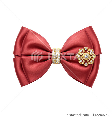 Elegant red satin hair bow with gold diamond ornament. Luxurious fashion accessory for formal celebration Elegant red satin hair bow with gold diamond ornament. Luxurious fashion accessory for formal celebration 132280739