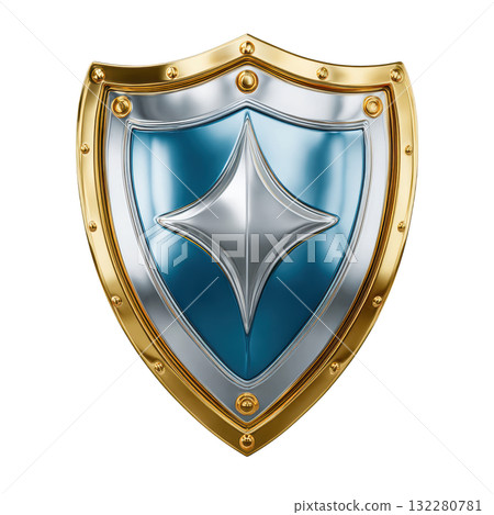 Realistic golden shield with blue front and silver star symbol. An icon for security, defense, and medieval battle Realistic golden shield with blue front and silver star symbol. An icon for security, defense, and medieval battle 132280781