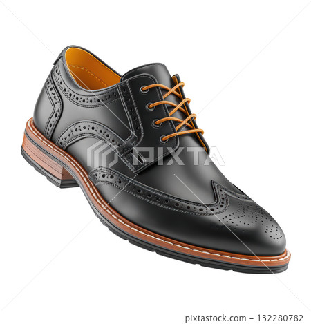 Elegant black leather brogue shoe for confident formal style. classic footwear design with orange detail Elegant black leather brogue shoe for confident formal style. classic footwear design with orange detail 132280782