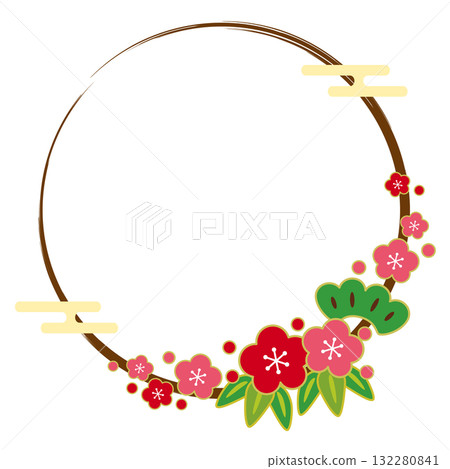 Japanese-style frame of pine, bamboo, plum and brush stroke circle Japanese-style frame of pine, bamboo, plum and brush stroke circle 132280841