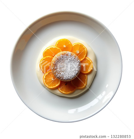 Delightful almond and orange blossom financier. nutty cake with powdered sugar on cream and fresh orange segments Delightful almond and orange blossom financier. nutty cake with powdered sugar on cream and fresh orange segments 132280853