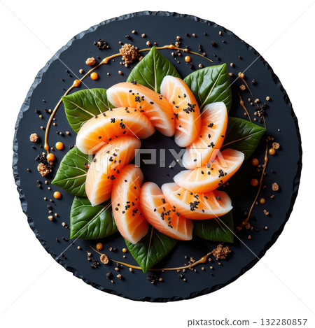 Elegant gourmet Japanese sashimi appetizer. Fresh salmon food arranged in beautiful spiral plating on dark slate Elegant gourmet Japanese sashimi appetizer. Fresh salmon food arranged in beautiful spiral plating on dark slate 132280857