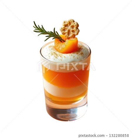 Delicious apricot and rosemary fool dessert. Layered apricot puree and infused cream with crisp tuile garnish Delicious apricot and rosemary fool dessert. Layered apricot puree and infused cream with crisp tuile garnish 132280858