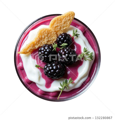 Delicious gourmet blackberry and thyme fool dessert with fresh cream, delicious sweet treat from top view Delicious gourmet blackberry and thyme fool dessert with fresh cream, delicious sweet treat from top view 132280867
