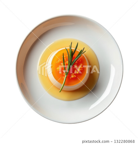 Elegant blood orange gelee dessert, citrus jelly over vanilla cream with herb garnish. gourmet and refreshing food Elegant blood orange gelee dessert, citrus jelly over vanilla cream with herb garnish. gourmet and refreshing food 132280868