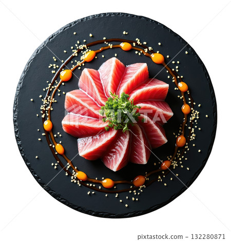 Elegant tuna tataki, gourmet Japanese food appetizer. Fresh seafood sashimi dish, appetizing and delicious Elegant tuna tataki, gourmet Japanese food appetizer. Fresh seafood sashimi dish, appetizing and delicious 132280871