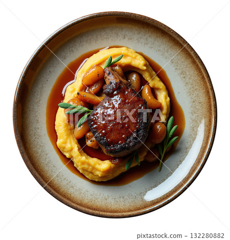 Warm braised pork shoulder with cider glaze over smoked potato puree. comforting gourmet meal with glazed apple 132280882