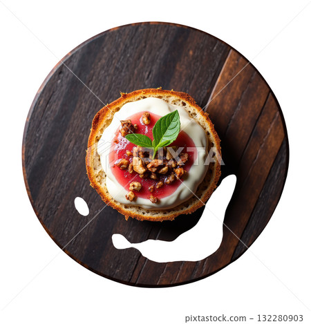 Delicious gourmet canape appetizer with creamy chicken liver mousse, rhubarb gel on crisp sourdough bread top view 132280903