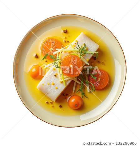 Appetizing gourmet mackerel dish with fresh citrus and fennel. healthy and light cured seafood appetizer 132280906