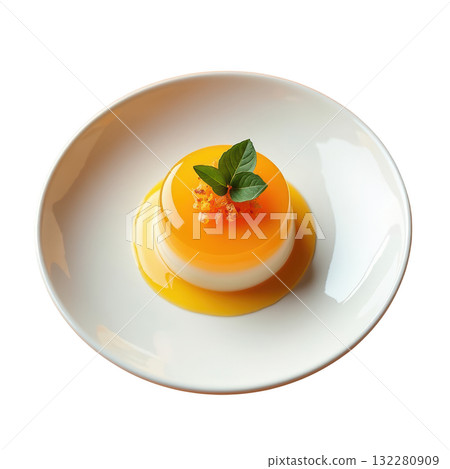 Refreshing clementine gelee dessert with citrus jelly layer on cream base, delicious gourmet garnish on top Refreshing clementine gelee dessert with citrus jelly layer on cream base, delicious gourmet garnish on top 132280909