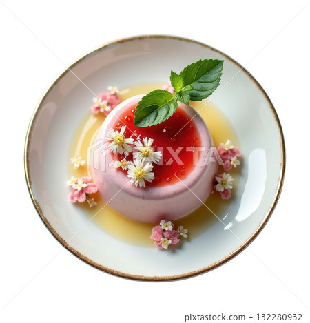 Gourmet elderflower panna cotta dessert with strawberry gel. delicate and floral food with elegant freshness Gourmet elderflower panna cotta dessert with strawberry gel. delicate and floral food with elegant freshness 132280932
