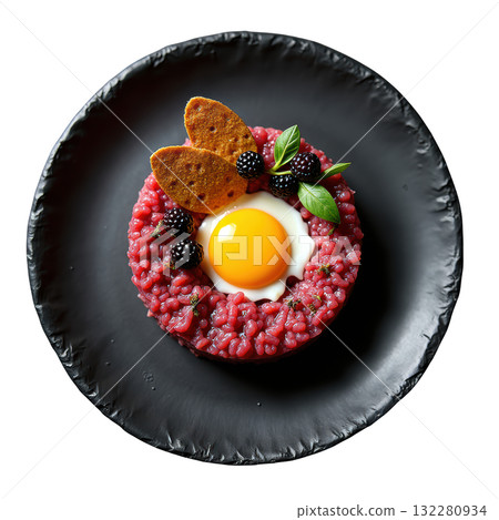 Delicious gourmet Elk Tartare appetizer with raw egg yolk and pumpernickel on dark plate, sophisticated dish 132280934