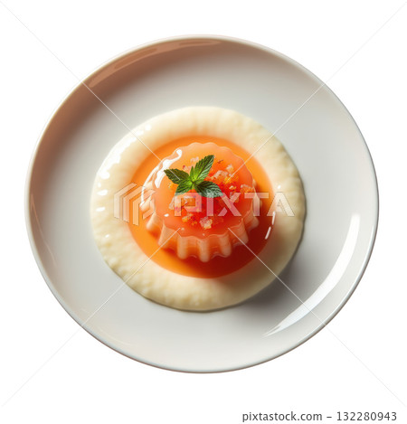 Top view of delicious grapefruit gelee dessert. refreshing yogurt cream jelly with an elegant mint garnish Top view of delicious grapefruit gelee dessert. refreshing yogurt cream jelly with an elegant mint garnish 132280943
