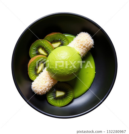 Gourmet kiwi sorbet dessert, refreshing green food. This scoop has lime and coconut for vibrant, delicious taste Gourmet kiwi sorbet dessert, refreshing green food. This scoop has lime and coconut for vibrant, delicious taste 132280967