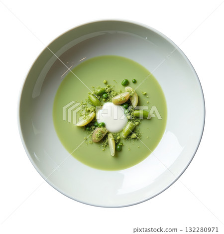 Elegant Leek Veloute, creamy green gourmet soup appetizer. fresh and healthy dish with beautiful presentation 132280971