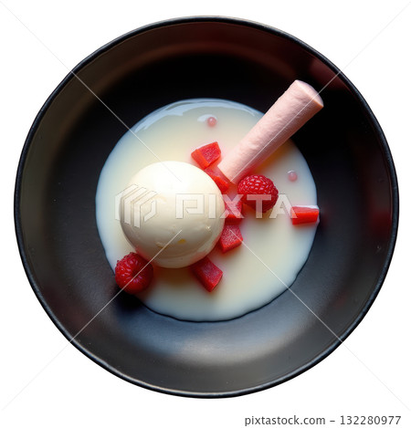 Elegant lychee sorbet scoop with raspberry, meringue stick, and rosewater reduction in dark bowl, refreshing dessert 132280977