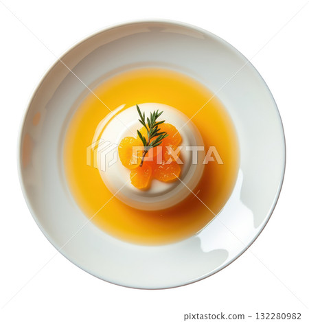 Refreshing mandarin gelee dessert with vanilla cream base. delicious citrus jelly with thyme garnish on plate Refreshing mandarin gelee dessert with vanilla cream base. delicious citrus jelly with thyme garnish on plate 132280982