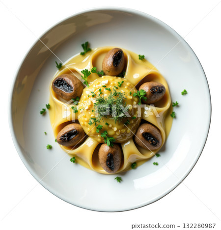 Morel Agnolotti handmade pasta with mushroom in delicious tarragon butter sauce. comforting and elegant gourmet meal 132280987